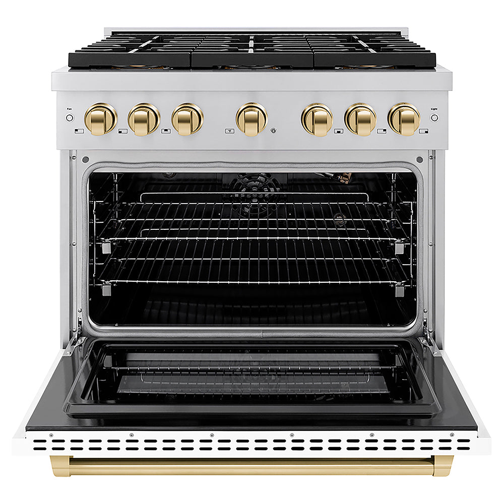 ZLINE Autograph Edition 36 in. 5.2 cu. ft. Paramount Gas Range with 6 Burner DuoPro™ Cooktop and Convection Gas Oven with White Matte Door and Polished Gold Accents (PSGRZ-WM-36-G)