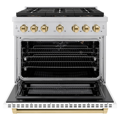 ZLINE Autograph Edition 36 in. 5.2 cu. ft. Paramount Gas Range with 6 Burner DuoPro™ Cooktop and Convection Gas Oven with White Matte Door and Polished Gold Accents (PSGRZ-WM-36-G)