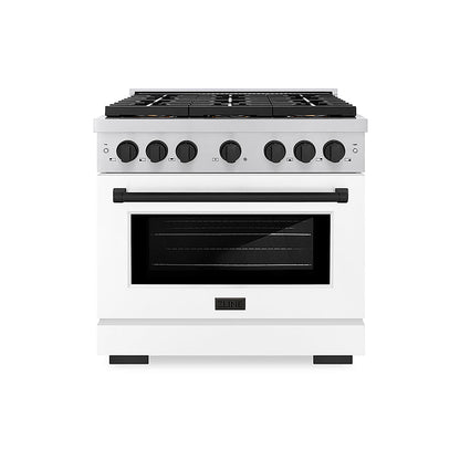ZLINE Autograph Edition 36 in. 5.2 cu. ft. Paramount Gas Range with 6 Burner DuoPro™ Cooktop and Convection Gas Oven with White Matte Door and Matte Black Accents (PSGRZ-WM-36-MB)