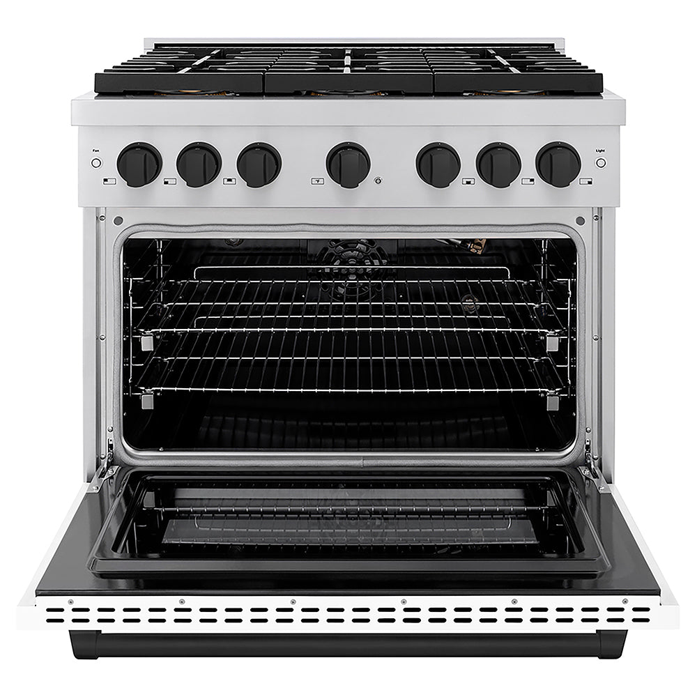 ZLINE Autograph Edition 36 in. 5.2 cu. ft. Paramount Gas Range with 6 Burner DuoPro™ Cooktop and Convection Gas Oven with White Matte Door and Matte Black Accents (PSGRZ-WM-36-MB)