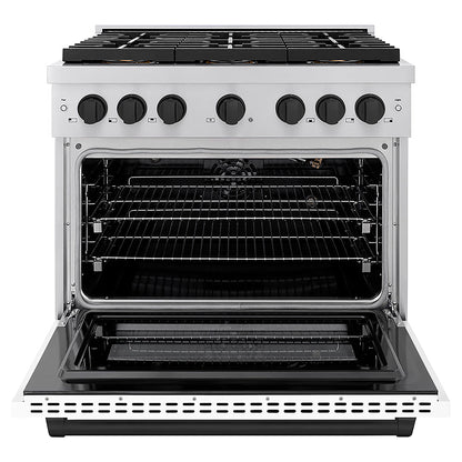 ZLINE Autograph Edition 36 in. 5.2 cu. ft. Paramount Gas Range with 6 Burner DuoPro™ Cooktop and Convection Gas Oven with White Matte Door and Matte Black Accents (PSGRZ-WM-36-MB)
