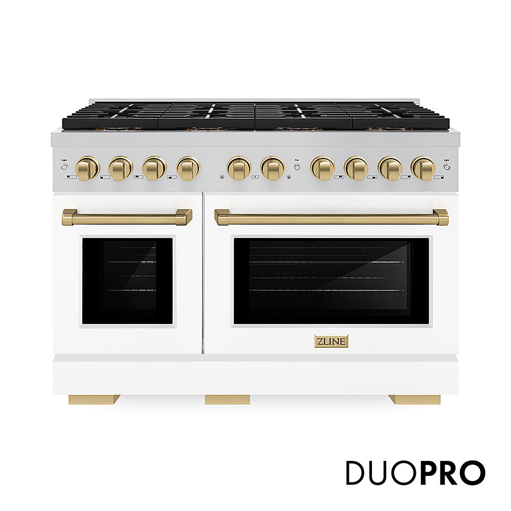 ZLINE Autograph Edition 48 in. 6.7 cu. ft. Paramount Gas Range with 8 Burner DuoPro™ Cooktop and Dual Ovens with White Matte Doors and Champagne Bronze Accents (PSGRZ-WM-48-CB)