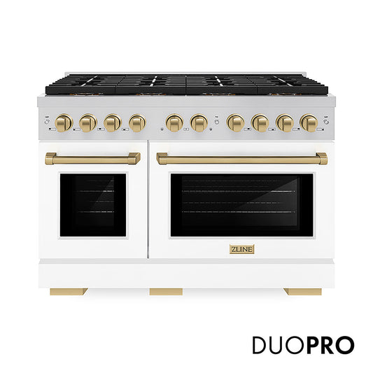 ZLINE Autograph Edition 48 in. 6.7 cu. ft. Paramount Gas Range with 8 Burner DuoPro™ Cooktop and Dual Ovens with White Matte Doors and Champagne Bronze Accents (PSGRZ-WM-48-CB)