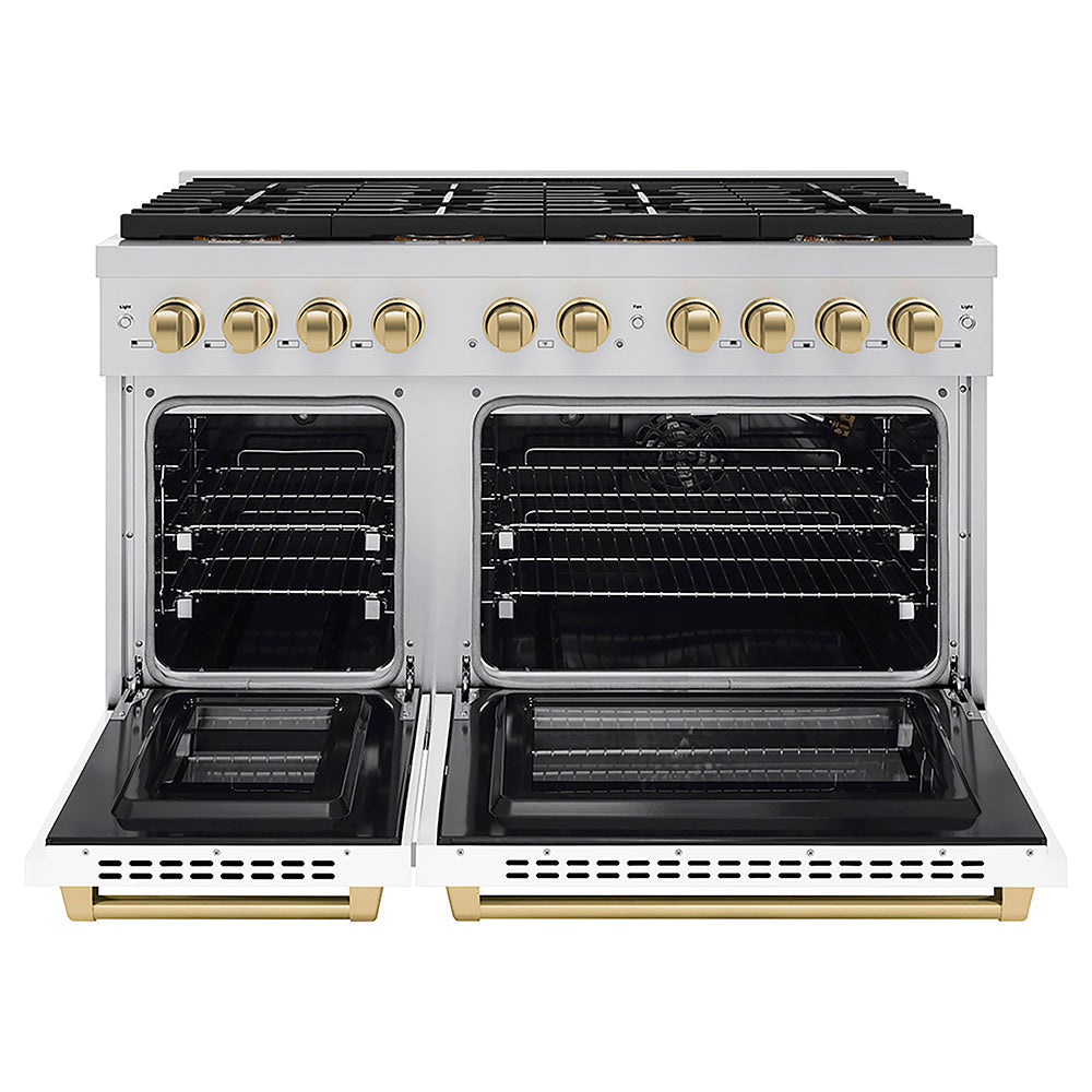 ZLINE Autograph Edition 48 in. 6.7 cu. ft. Paramount Gas Range with 8 Burner DuoPro™ Cooktop and Dual Ovens with White Matte Doors and Champagne Bronze Accents (PSGRZ-WM-48-CB)
