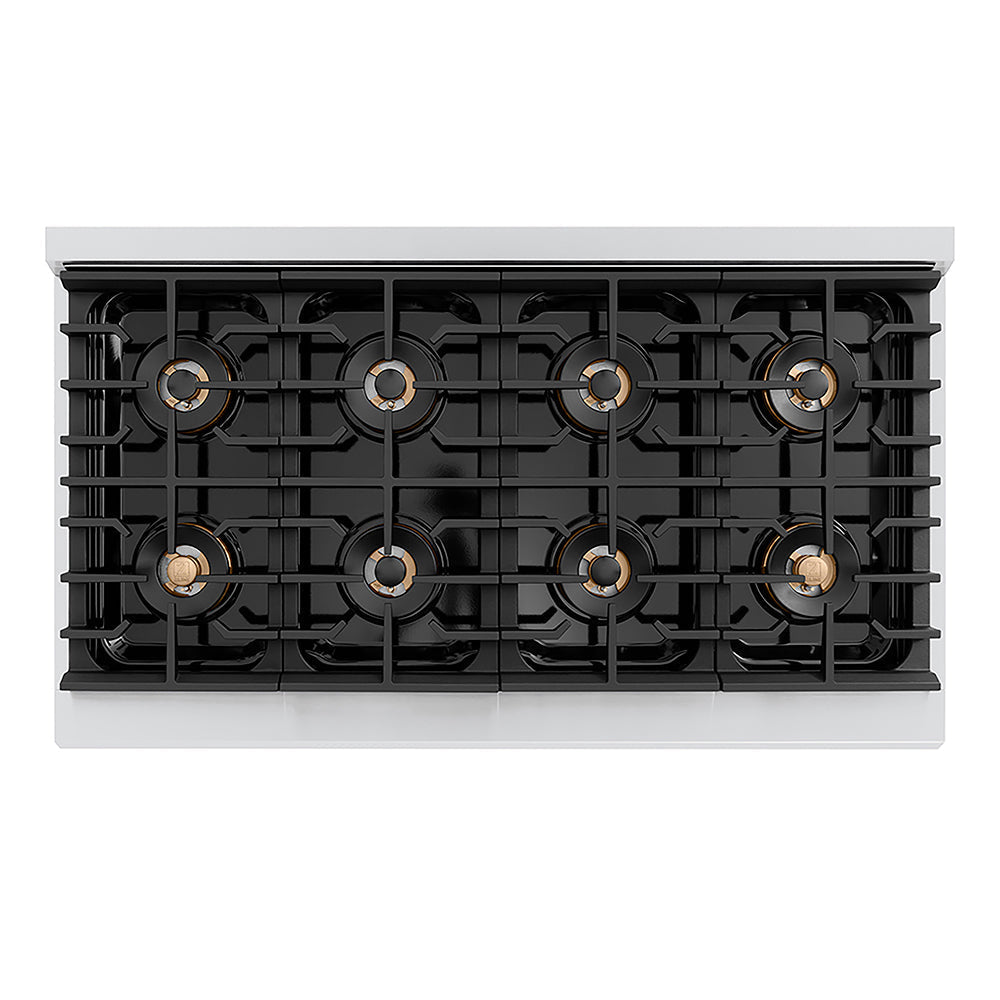 ZLINE Autograph Edition 48 in. 6.7 cu. ft. Paramount Gas Range with 8 Burner DuoPro™ Cooktop and Dual Ovens with White Matte Doors and Champagne Bronze Accents (PSGRZ-WM-48-CB)