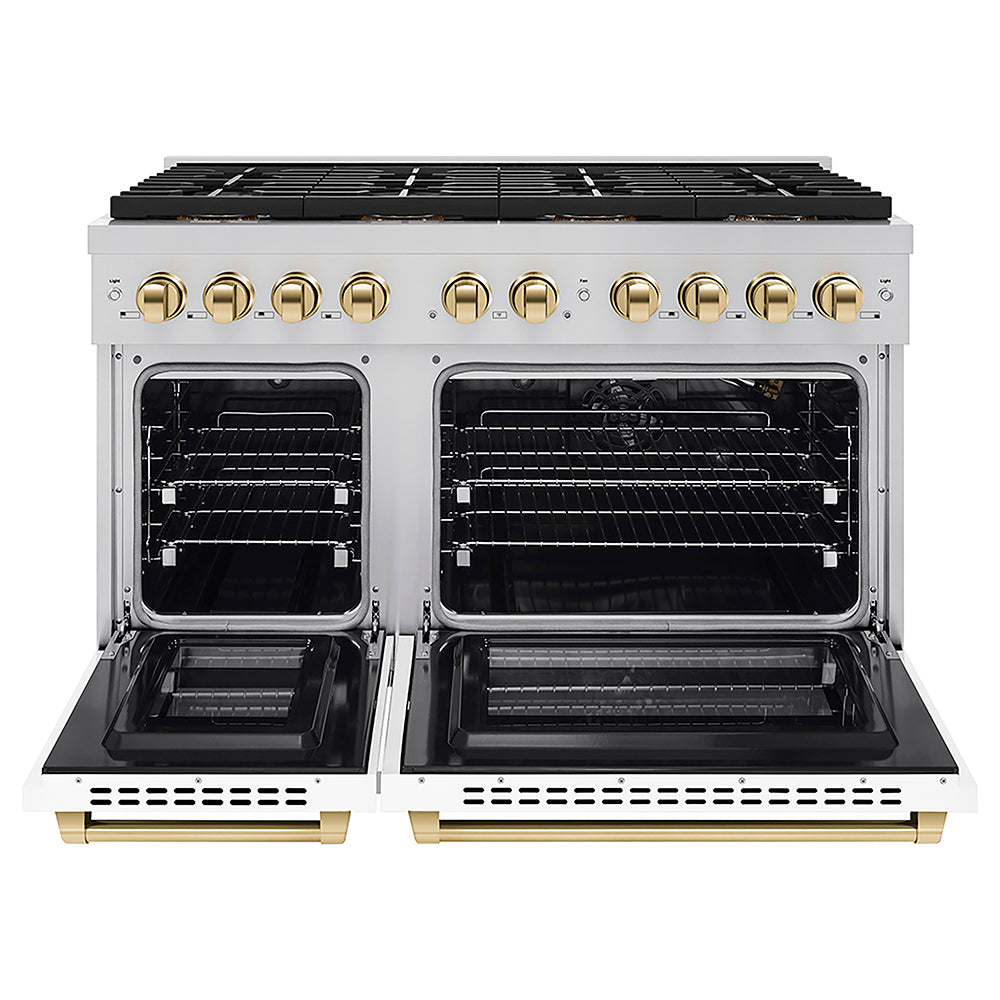 ZLINE Autograph Edition 48 in. 6.7 cu. ft. Paramount Gas Range with 8 Burner DuoPro™ Cooktop and Dual Ovens with White Matte Doors and Polished Gold Accents (PSGRZ-WM-48-G)