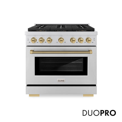 ZLINE Autograph Edition 36 in. 5.2 cu. ft. Paramount Gas Range with 6 Burner DuoPro™ Cooktop and Convection Gas Oven in Stainless Steel with Champagne Bronze Helix Handle and Accents (PSGRZ-36-KCB)
