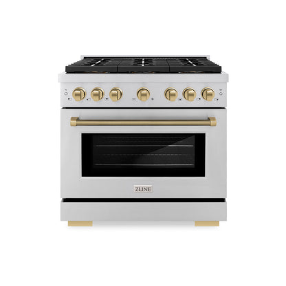ZLINE Autograph Edition 36 in. 5.2 cu. ft. Paramount Gas Range with 6 Burner DuoPro™ Cooktop and Convection Gas Oven in Stainless Steel with Champagne Bronze Helix Handle and Accents (PSGRZ-36-KCB)