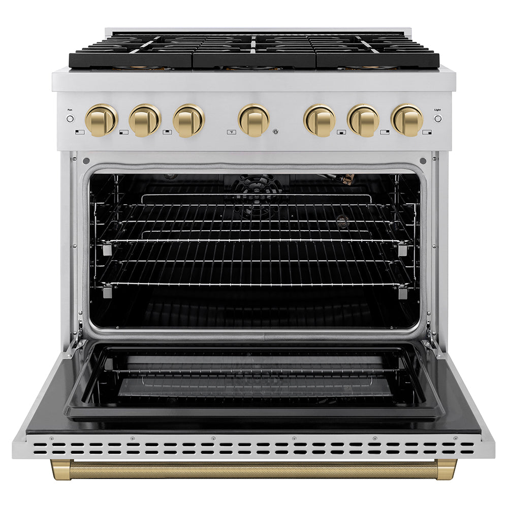 ZLINE Autograph Edition 36 in. 5.2 cu. ft. Paramount Gas Range with 6 Burner DuoPro™ Cooktop and Convection Gas Oven in Stainless Steel with Champagne Bronze Helix Handle and Accents (PSGRZ-36-KCB)