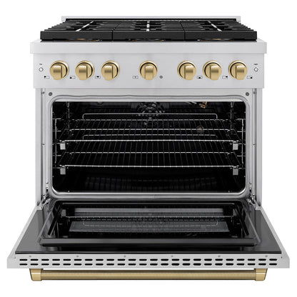 ZLINE Autograph Edition 36 in. 5.2 cu. ft. Paramount Gas Range with 6 Burner DuoPro™ Cooktop and Convection Gas Oven in Stainless Steel with Champagne Bronze Helix Handle and Accents (PSGRZ-36-KCB)