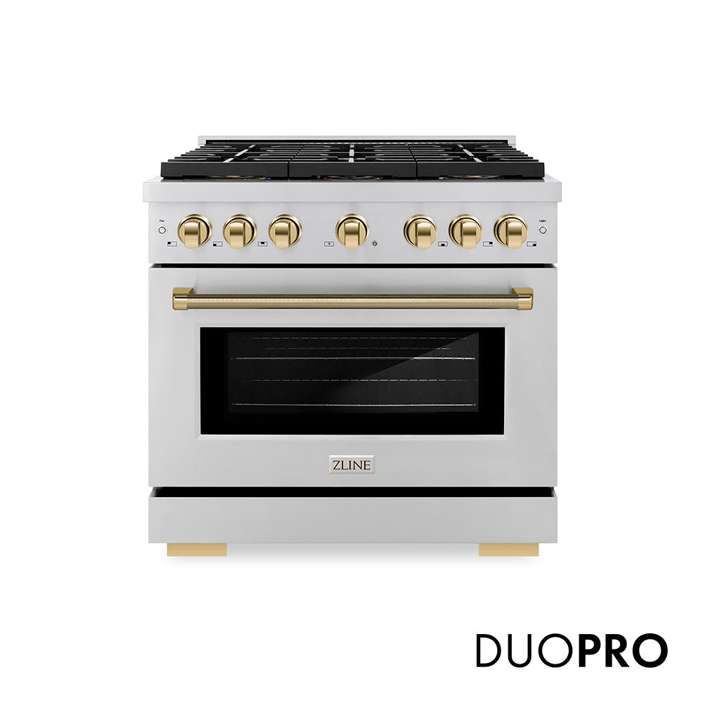 ZLINE Autograph Edition 36 in. 5.2 cu. ft. Paramount Gas Range with 6 Burner DuoPro™ Cooktop and Convection Gas Oven in Stainless Steel with Polished Gold Helix Handle and Accents (PSGRZ-36-KG)