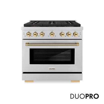 ZLINE Autograph Edition 36 in. 5.2 cu. ft. Paramount Gas Range with 6 Burner DuoPro™ Cooktop and Convection Gas Oven in Stainless Steel with Polished Gold Helix Handle and Accents (PSGRZ-36-KG)