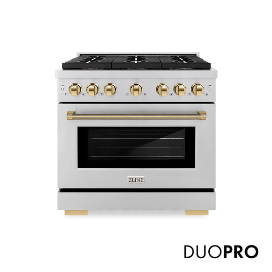 ZLINE Autograph Edition 36 in. 5.2 cu. ft. Paramount Gas Range with 6 Burner DuoPro™ Cooktop and Convection Gas Oven in Stainless Steel with Polished Gold Helix Handle and Accents (PSGRZ-36-KG)