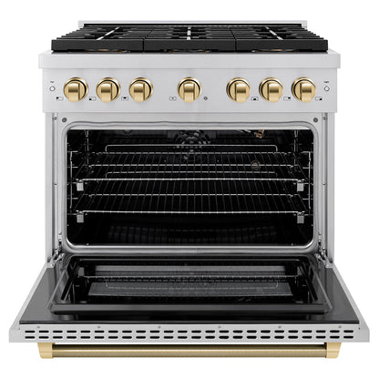 ZLINE Autograph Edition 36 in. 5.2 cu. ft. Paramount Gas Range with 6 Burner DuoPro™ Cooktop and Convection Gas Oven in Stainless Steel with Polished Gold Helix Handle and Accents (PSGRZ-36-KG)