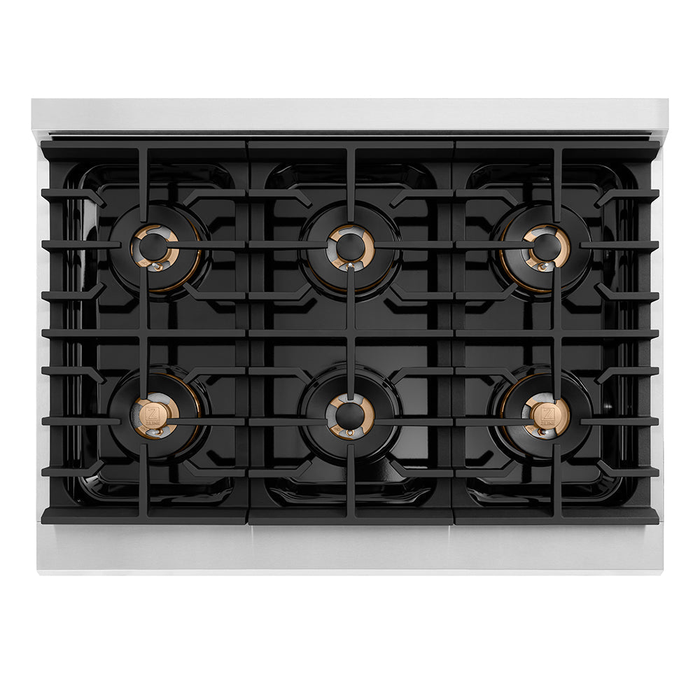 ZLINE Autograph Edition 36 in. 5.2 cu. ft. Paramount Gas Range with 6 Burner DuoPro™ Cooktop and Convection Gas Oven in Stainless Steel with Polished Gold Helix Handle and Accents (PSGRZ-36-KG)