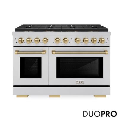 ZLINE Autograph Edition 48 in. 6.7 cu. ft. Paramount Gas Range with 8 Burner DuoPro™ Cooktop and Dual Ovens in Stainless Steel with Champagne Bronze Helix Handles and Accents (PSGRZ-48-KCB)