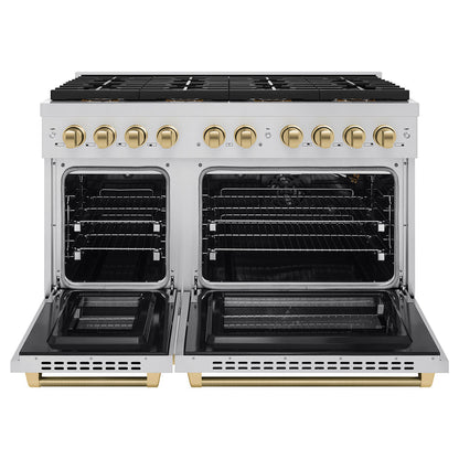 ZLINE Autograph Edition 48 in. 6.7 cu. ft. Paramount Gas Range with 8 Burner DuoPro™ Cooktop and Dual Ovens in Stainless Steel with Champagne Bronze Helix Handles and Accents (PSGRZ-48-KCB)