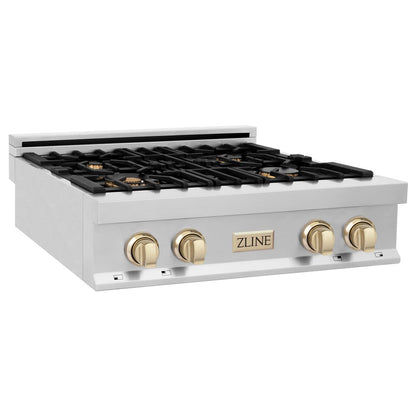 ZLINE Autograph Edition 30 in. Legacy Gas Rangetop with 4 Burners and Porcelain Cooktop in Stainless Steel with Polished Gold Accents (RTZ-30-G)