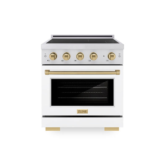 ZLINE Autograph Edition 30 in. 4.2 cu. ft. Paramount Induction Range with 4 Element Cooktop and Electric Convection Oven in Stainless Steel with White Matte Door and Champagne Bronze Accents (SINRZ-WM-30-CB)