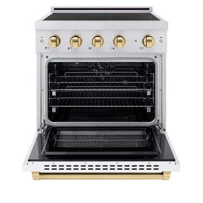 ZLINE Autograph Edition 30 in. 4.2 cu. ft. Paramount Induction Range with 4 Element Cooktop and Electric Convection Oven in Stainless Steel with White Matte Door and Polished Gold Accents (SINRZ-WM-30-G)