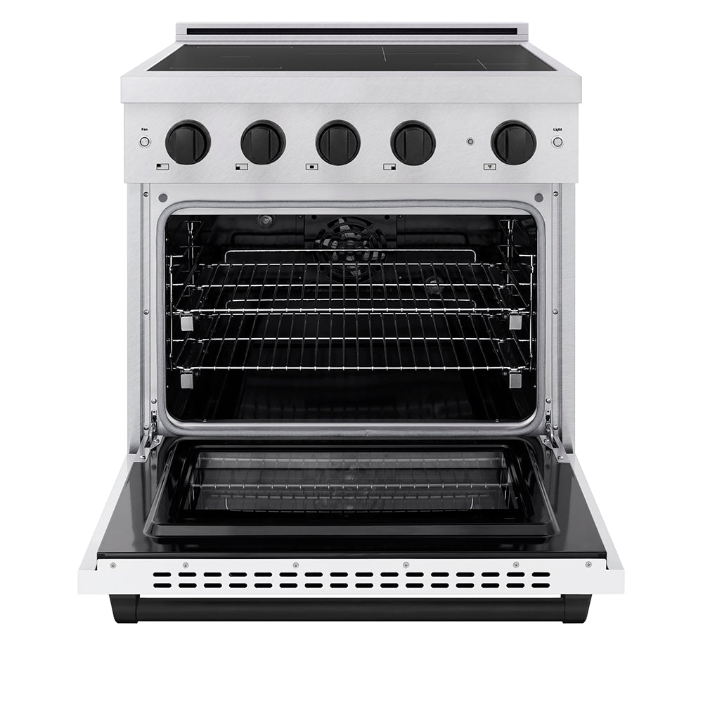 ZLINE Autograph Edition 30 in. 4.2 cu. ft. Paramount Induction Range with 4 Element Cooktop and Electric Convection Oven in Stainless Steel with White Matte Door and Matte Black Accents (SINRZ-WM-30-MB)