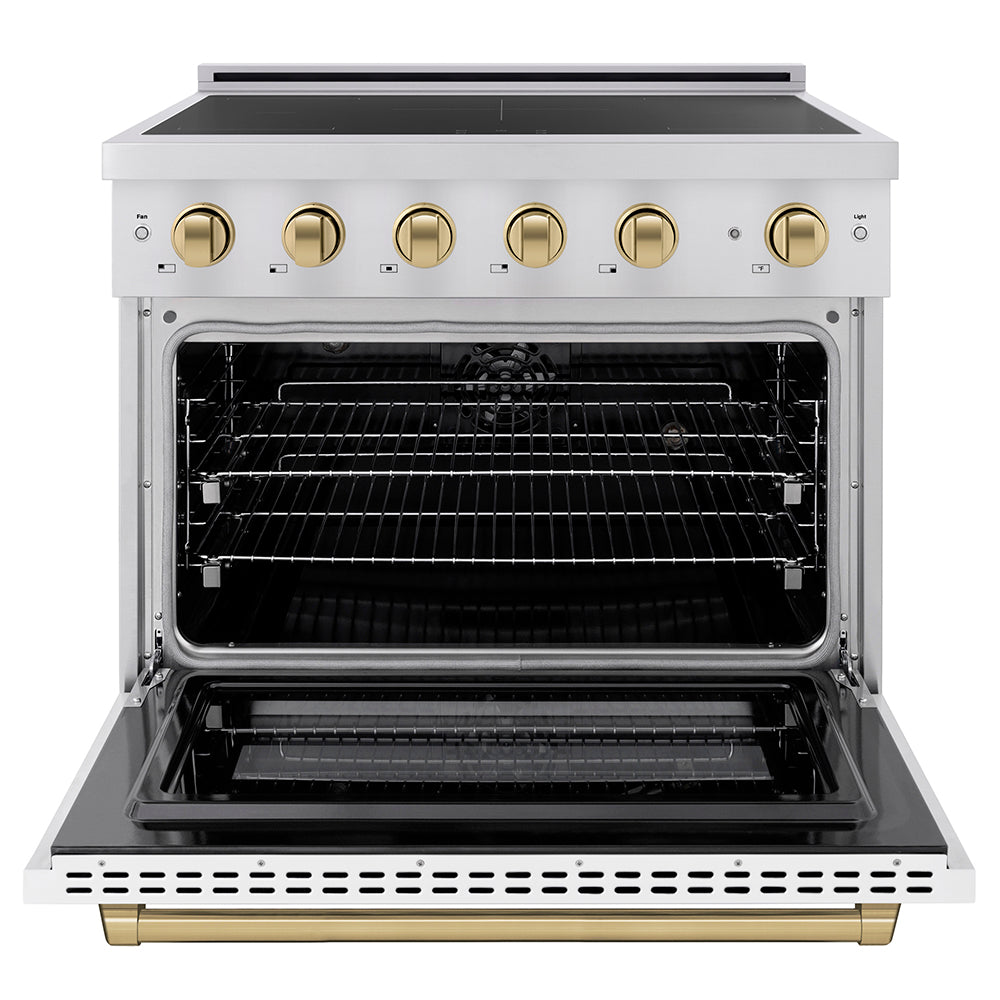 ZLINE Autograph Edition 36 in. 5.2 cu. ft. Paramount Induction Range with 5 Element Cooktop and Electric Convection Oven in Stainless Steel with White Matte Door and Champagne Bronze Accents (SINRZ-WM-36-CB)