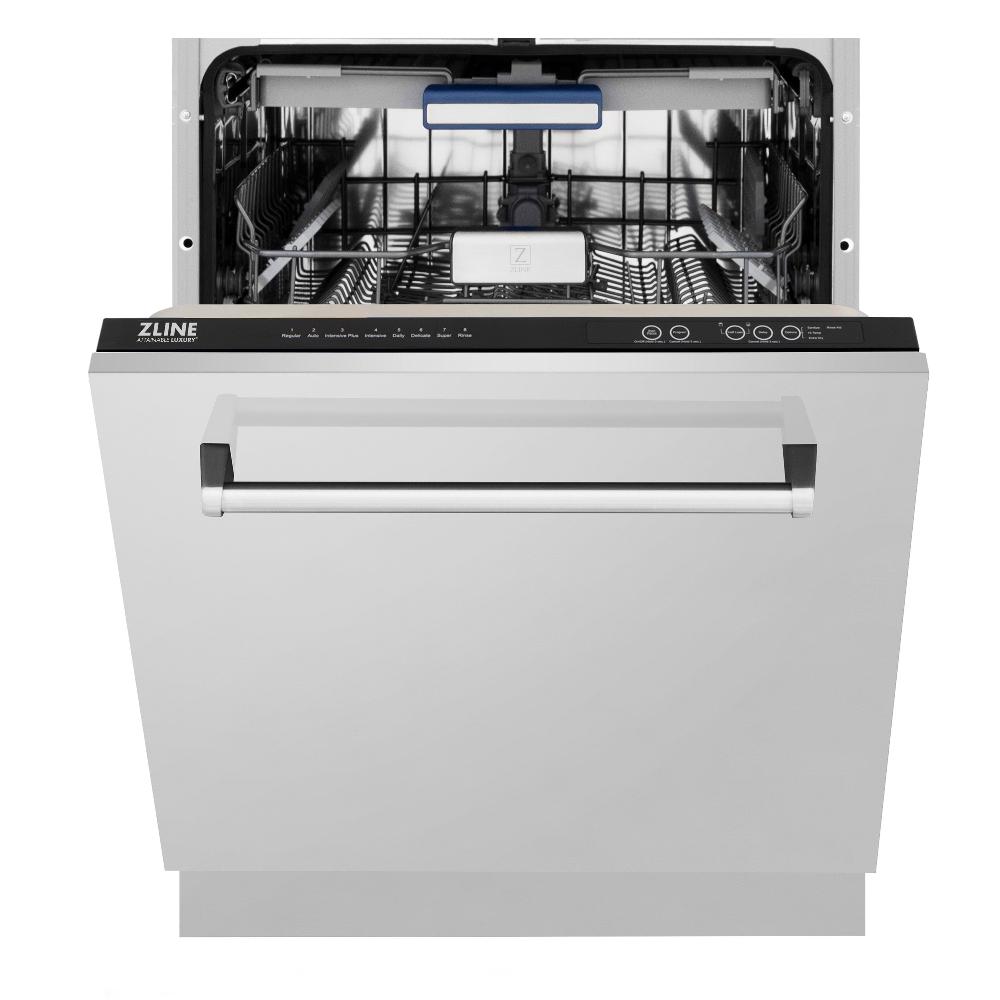 ZLINE Kitchen Package with Refrigerator, 36 in. Stainless Steel Gas Range, 36 in. Range Hood, Microwave Drawer, 24 in. Tall Tub Dishwasher and Wine Cooler (6KPR-SGRRH36-MWDWV-RWV)