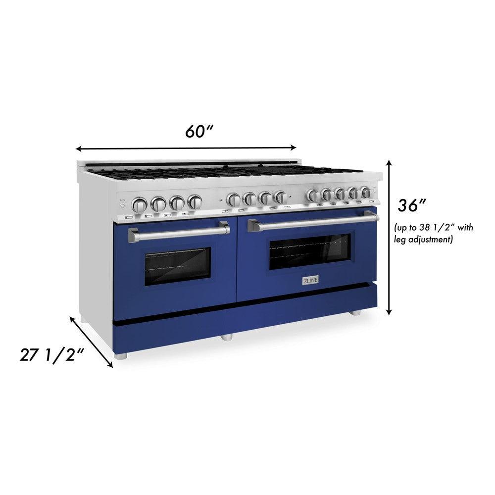 ZLINE 60 in. 7.4 cu. ft. Legacy Dual Fuel Range with 9 Burner Gas Cooktop and 2 Electric Convection Ovens in Stainless Steel and Blue Matte Doors (RA-BM-60)