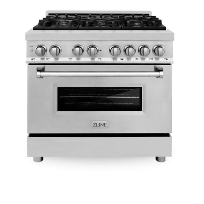 ZLINE Kitchen Package with Refrigerator, 36 in. Stainless Steel Dual Fuel Range, 36 in. Convertible Vent Range Hood, 24 in. Microwave Drawer, and 24 in. Tall Tub Dishwasher (5KPR-RARH36-MWDWV)