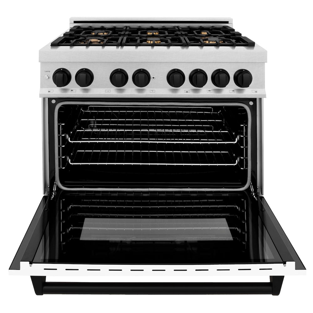 ZLINE Autograph Edition 36 in. 4.6 cu. ft. Legacy Dual Fuel Range with 6 Burner Gas Cooktop and Electric Convection Oven in Satin Stainless Steel with White Matte Door and Matte Black Accents (RASZ-WM-36-MB)