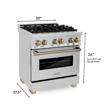 ZLINE Autograph Edition 30 in. Kitchen Package with Stainless Steel Dual Fuel Range, Range Hood, Dishwasher and Refrigerator with Champagne Bronze Accents (4KAPR-RARHDWM30-CB)