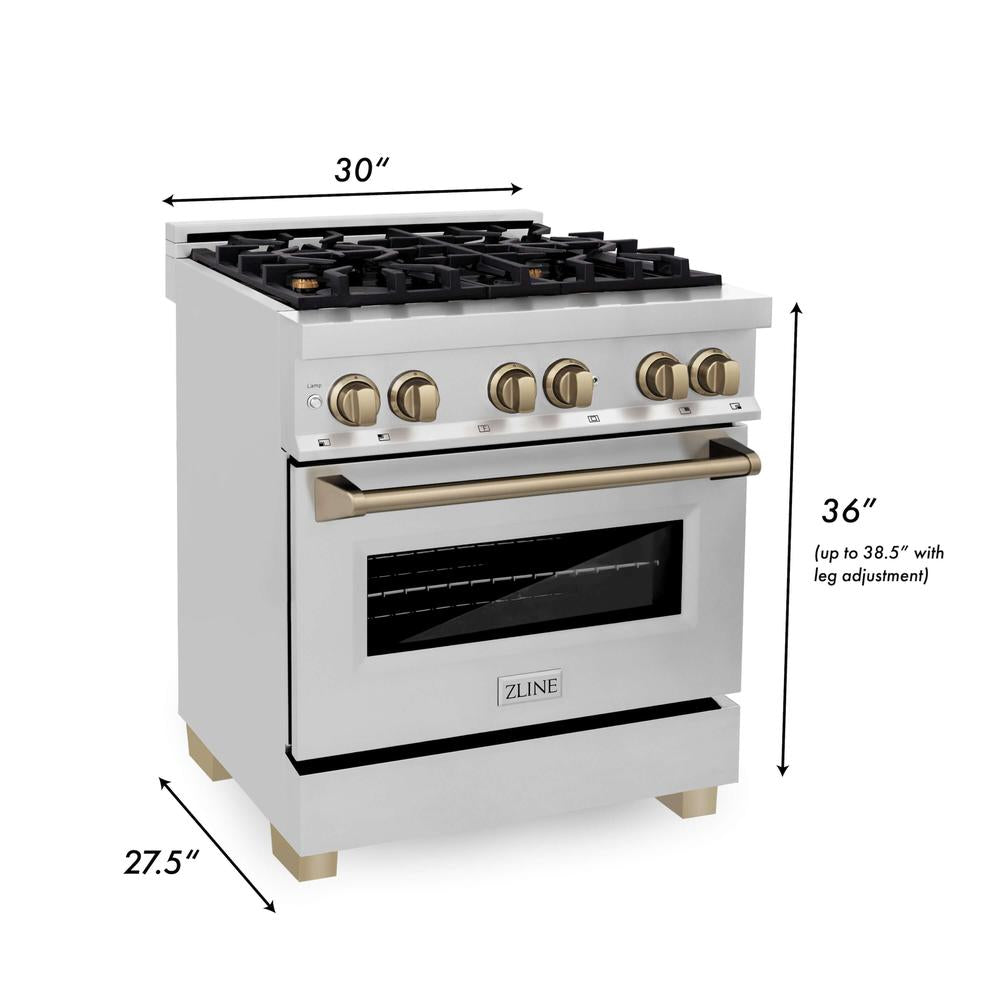 ZLINE Autograph Edition 30 in. Kitchen Package with Stainless Steel Dual Fuel Range and Range Hood with Champagne Bronze Accents (2AKP-RARH30-CB)