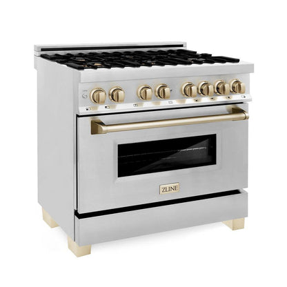 ZLINE Autograph Edition 36 in. Kitchen Package with Stainless Steel Dual Fuel Range, Range Hood, Dishwasher and Refrigerator Including External Water Dispenser with Polished Gold Accents (4AKPR-RARHDWM36-G)