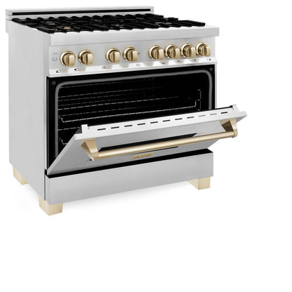 ZLINE Autograph Edition 36 in. Kitchen Package with Stainless Steel Dual Fuel Range, Range Hood, Dishwasher and Refrigerator Including External Water Dispenser with Polished Gold Accents (4AKPR-RARHDWM36-G)