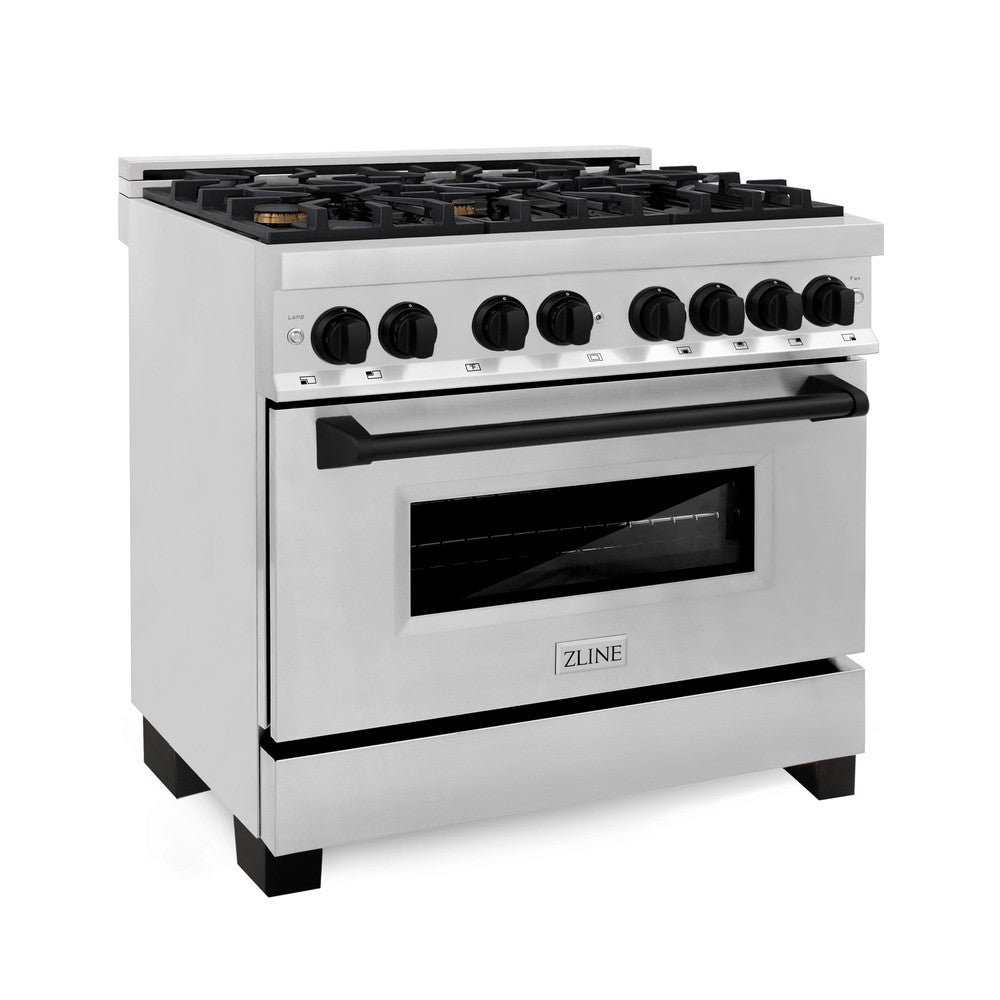 ZLINE Autograph Edition 36 in. Kitchen Package with Stainless Steel Dual Fuel Range, Range Hood and Dishwasher with Matte Black Accents (3AKP-RARHDWM36-MB)