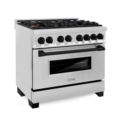 ZLINE Autograph Edition 36 in. Kitchen Package with Stainless Steel Dual Fuel Range, Range Hood and Dishwasher with Matte Black Accents (3AKP-RARHDWM36-MB)