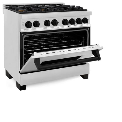 ZLINE Autograph Edition 36 in. Kitchen Package with Stainless Steel Dual Fuel Range, Range Hood, Dishwasher and Refrigerator Including External Water Dispenser with Matte Black Accents (4AKPR-RARHDWM36-MB)