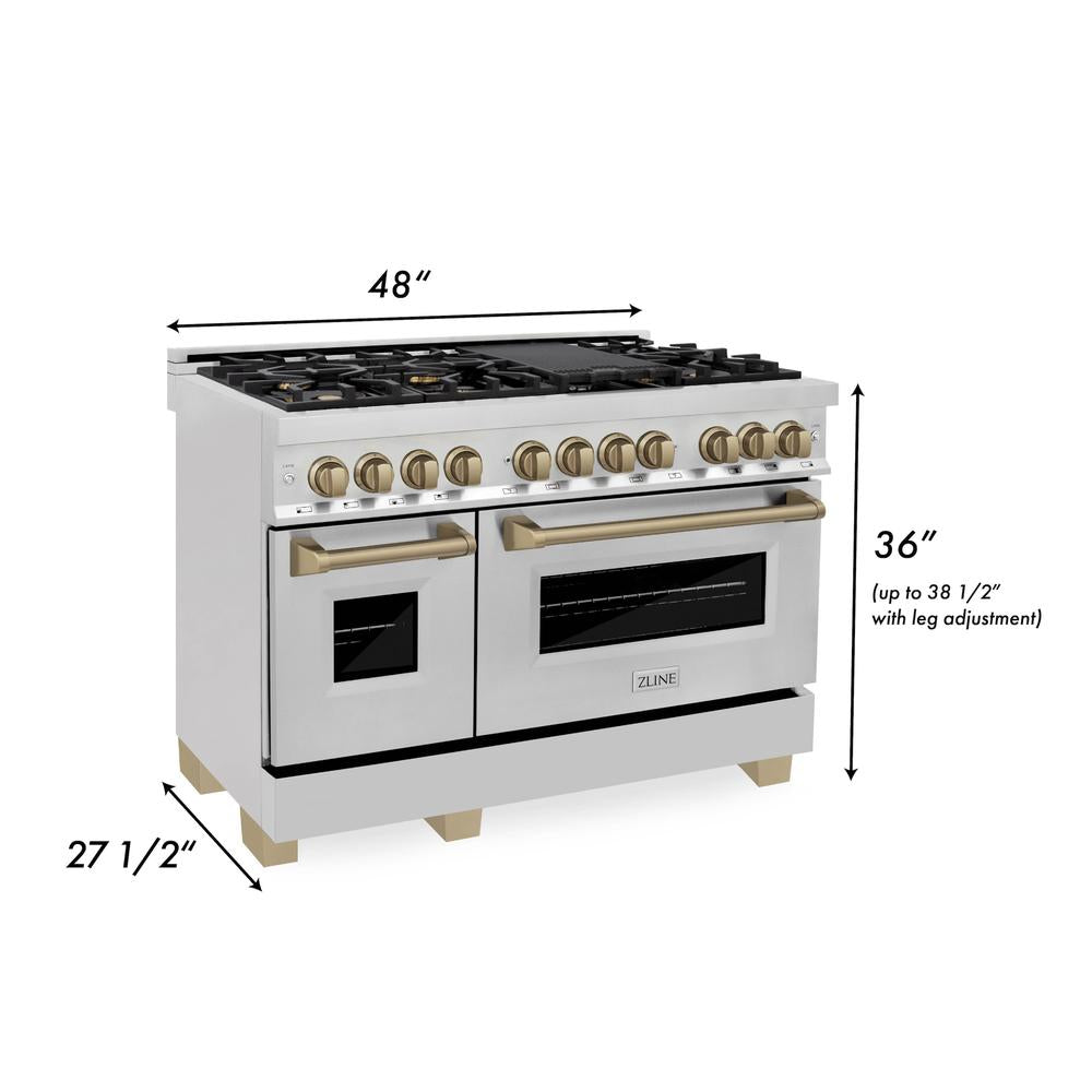 ZLINE Autograph Edition 48 in. Kitchen Package with Stainless Steel Dual Fuel Range, Range Hood, Dishwasher and Refrigerator with Champagne Bronze Accents (4KAPR-RARHDWM48-CB)