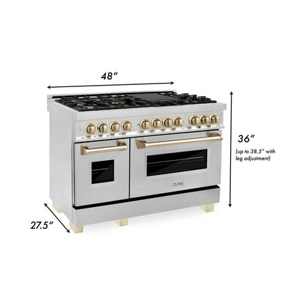 ZLINE Autograph Edition 48 in. Kitchen Package with Stainless Steel Dual Fuel Range, Range Hood, Dishwasher and Refrigerator Including External Water Dispenser with Polished Gold Accents (4AKPR-RARHDWM48-G)