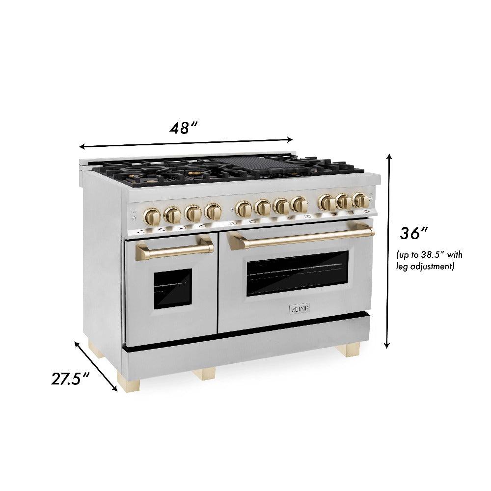 ZLINE Autograph Edition 48 in. Kitchen Package with Stainless Steel Dual Fuel Range, Range Hood, Dishwasher and Refrigerator with Polished Gold Accents (4KAPR-RARHDWM48-G)