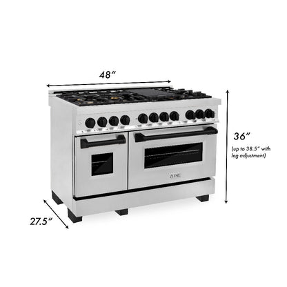 ZLINE Autograph Edition 48 in. Kitchen Package with Stainless Steel Dual Fuel Range, Range Hood, Dishwasher and Refrigerator Including External Water Dispenser with Matte Black Accents (4AKPR-RARHDWM48-MB)