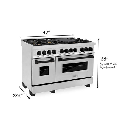 ZLINE Autograph Edition 48 in. Kitchen Package with Stainless Steel Dual Fuel Range, Range Hood, Dishwasher and Refrigerator with Matte Black Accents (4KAPR-RARHDWM48-MB)