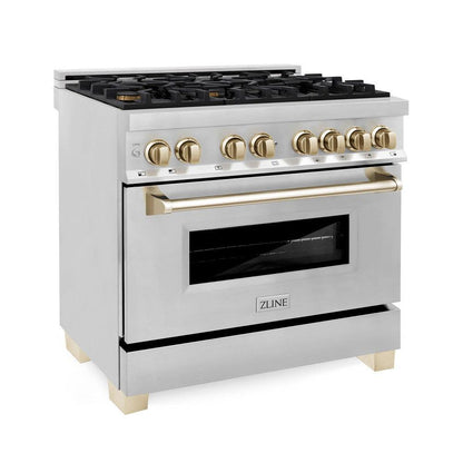 ZLINE Autograph Edition 36 in. Kitchen Package with Stainless Steel Dual Fuel Range, Range Hood and Dishwasher with Polished Gold Accents (3AKP-RARHDWM36-G)