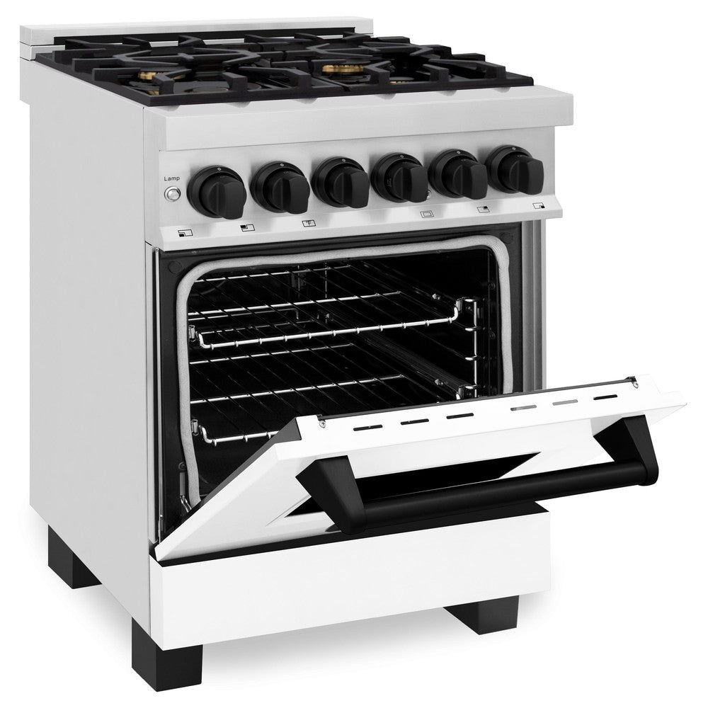 ZLINE Autograph Edition 24 in. 2.8 cu. ft. Legacy Dual Fuel Range with 4 Burner Gas Cooktop and Electric Convection Oven in Stainless Steel with White Matte Door and Matte Black Accents (RAZ-WM-24-MB)