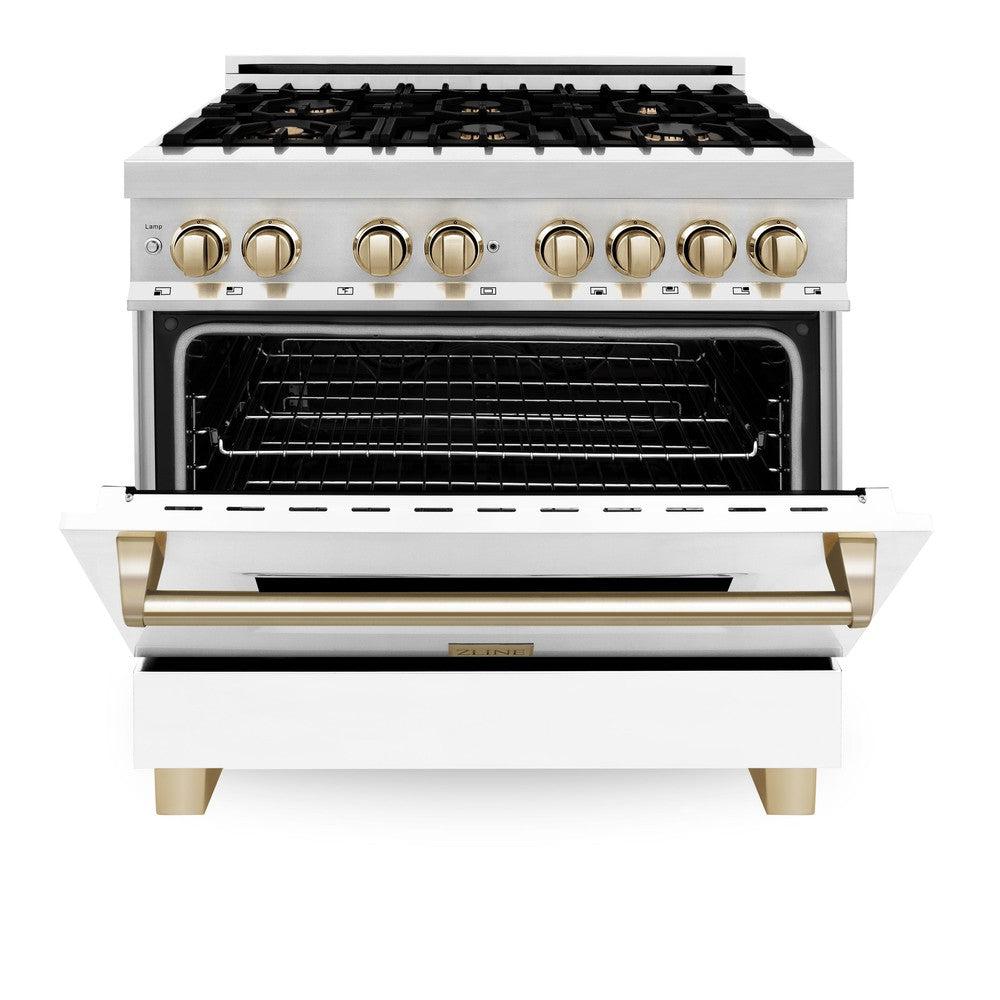ZLINE Autograph Edition 36 in. 4.6 cu. ft. Legacy Dual Fuel Range with 6 Burner Gas Cooktop and Electric Convection Oven in Stainless Steel with White Matte Door and Polished Gold Accents (RAZ-WM-36-G)