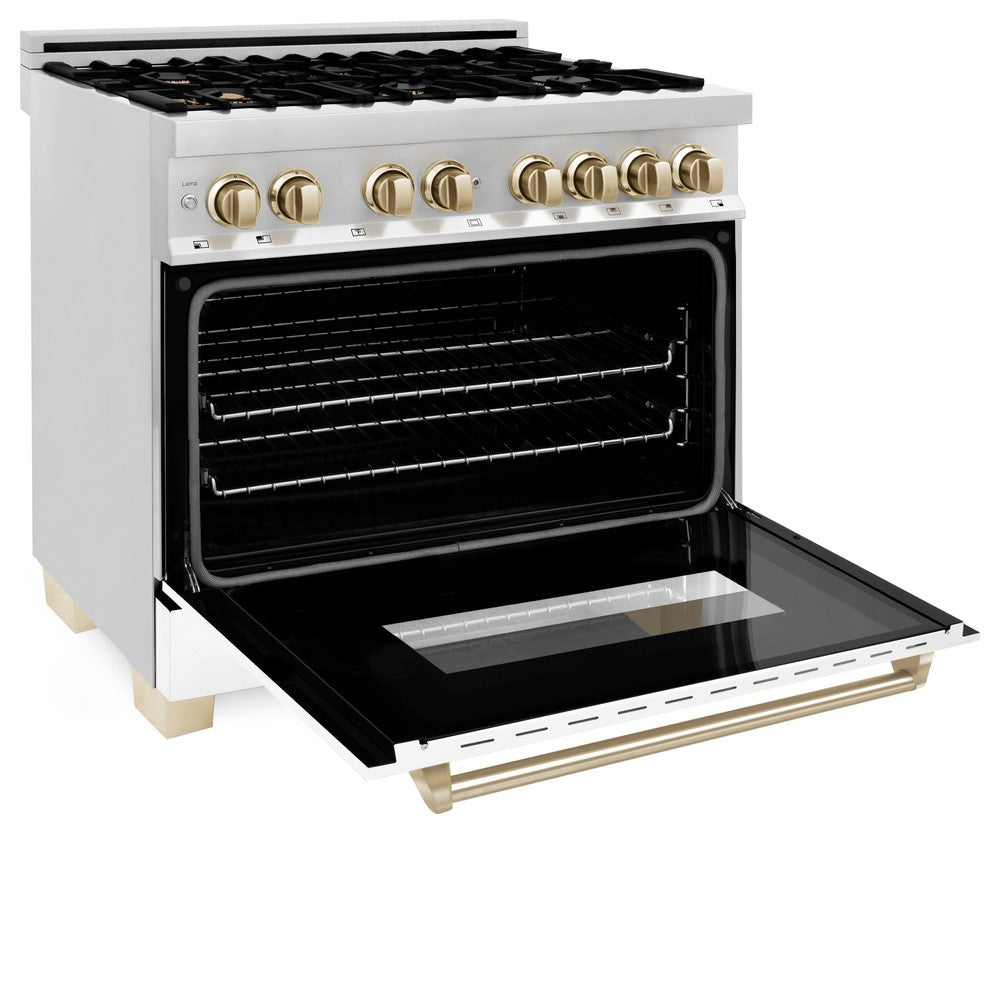 ZLINE Autograph Edition 36 in. 4.6 cu. ft. Legacy Dual Fuel Range with 6 Burner Gas Cooktop and Electric Convection Oven in Stainless Steel with White Matte Door and Polished Gold Accents (RAZ-WM-36-G)