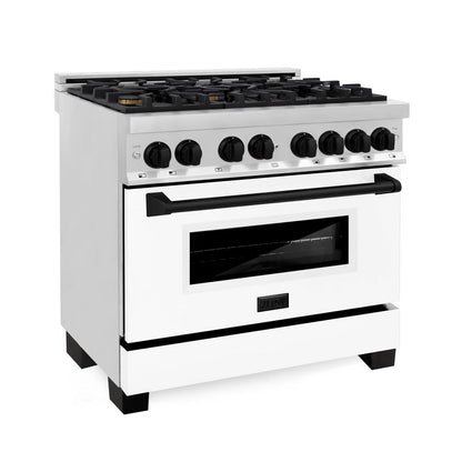 ZLINE Autograph Edition 36 in. Kitchen Package with Stainless Steel Dual Fuel Range with White Matte Door, Range Hood and Dishwasher with Matte Black Accents (3AKP-RAWMRHDWM36-MB)