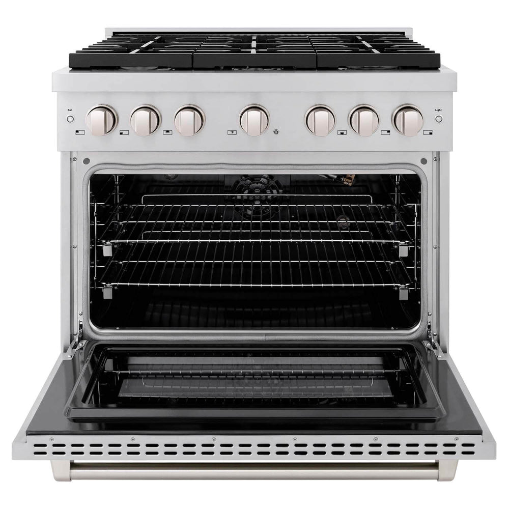 ZLINE Kitchen Package with Refrigerator, 36 in. Stainless Steel Gas Range, 36 in. Range Hood, Microwave Drawer, 24 in. Tall Tub Dishwasher and Beverage Fridge (6KPR-SGRRH36-MWDWV-RBV)