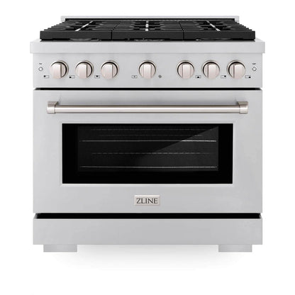 ZLINE 36 in. Kitchen Package with Stainless Steel Gas Range, Range Hood, Microwave Drawer, Tall Tub Dishwasher and Wine Cooler (5KP-SGRRH36-MWDWV-RWV)