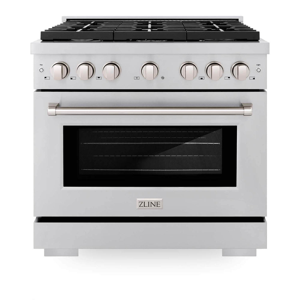 ZLINE Kitchen Package with Refrigerator, 36 in. Stainless Steel Gas Range, 36 in. Range Hood, Microwave Drawer, 24 in. Tall Tub Dishwasher and Beverage Fridge (6KPR-SGRRH36-MWDWV-RBV)